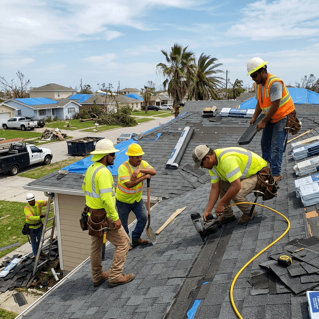 A roofing crew working on a residential roof