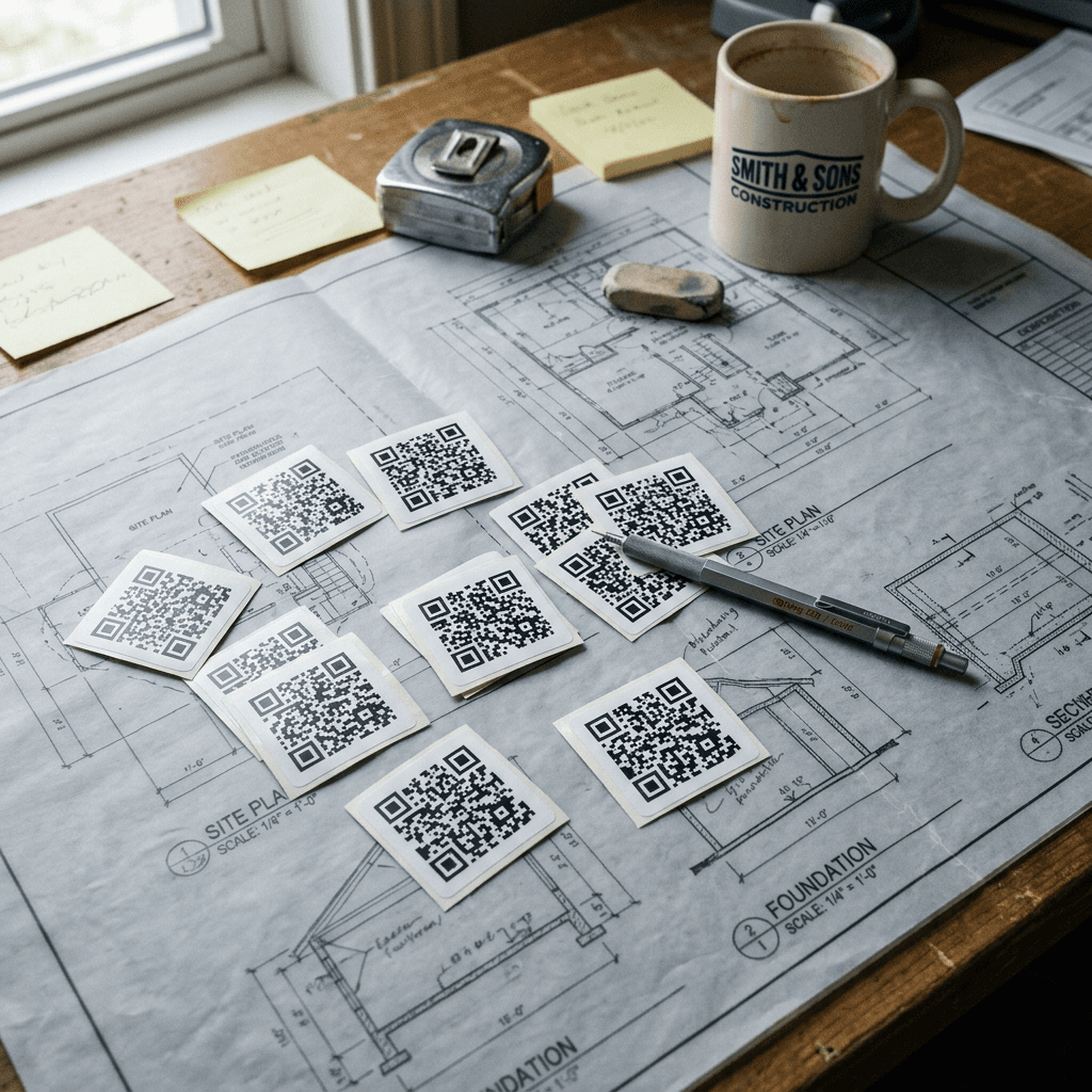 QR code stickers spread out on construction blueprints