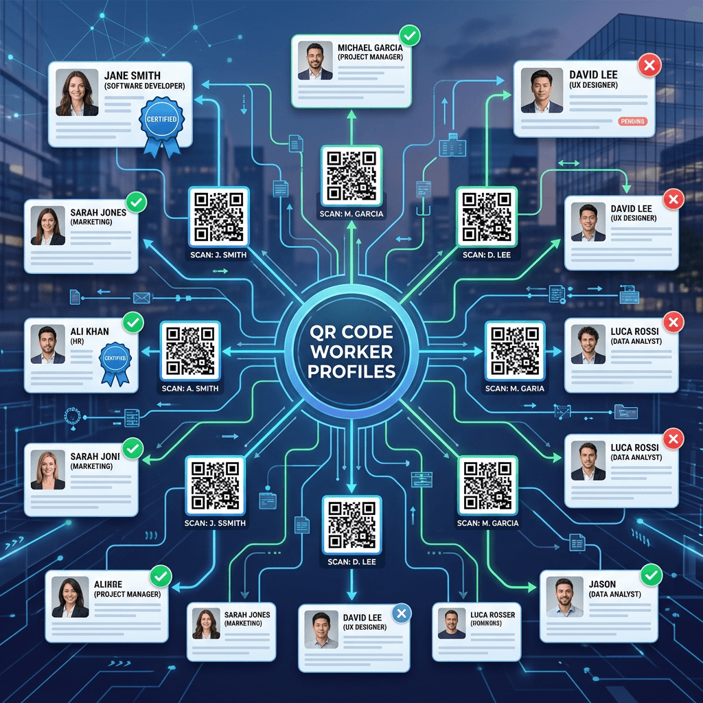 Worker profile cards linked by QR codes