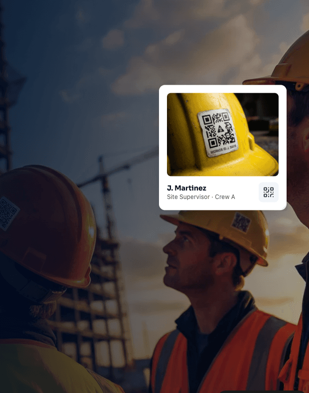 Roofing contractor wearing a yellow hard hat with a HardHatQR identification sticker